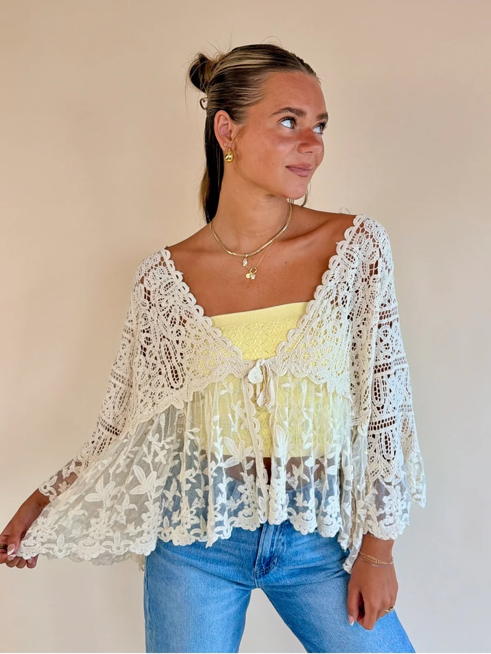 POL whispering willow Lace Crochet Kimono - Cream